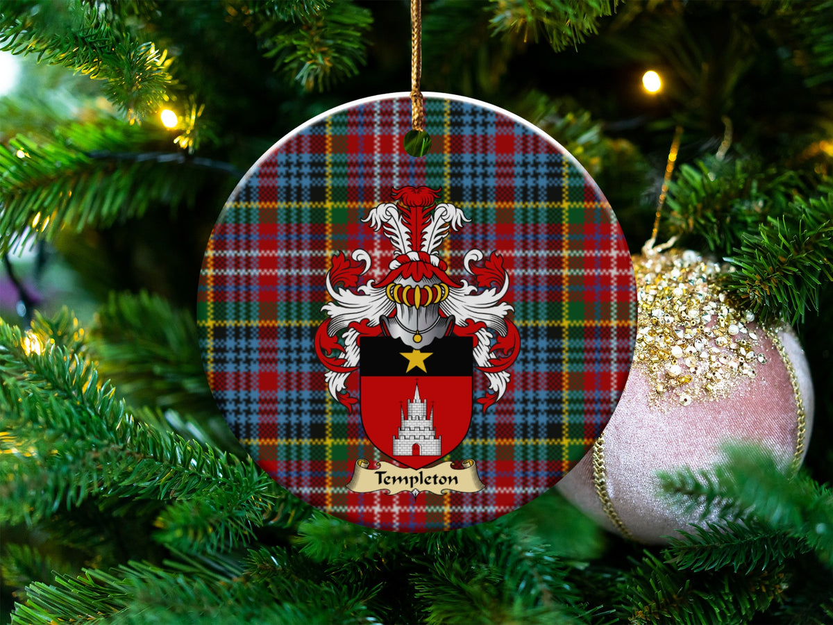 Templeton Scottish clan ceramic ornament with family crest on a Caledonia tartan background, hanging on a Christmas tree