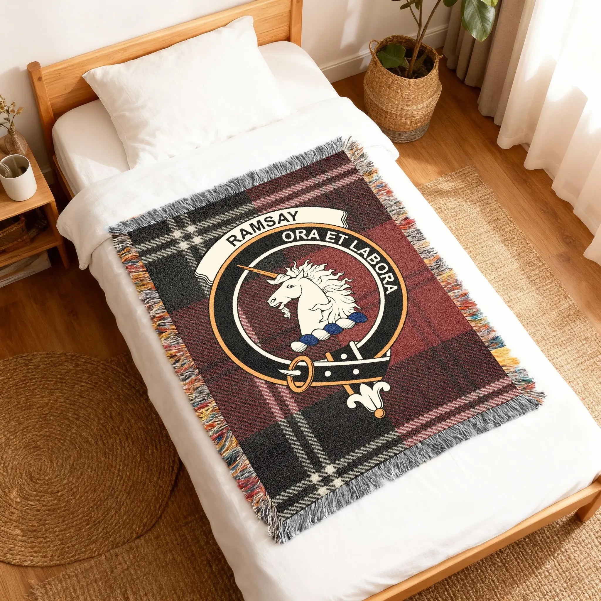 Ramsay clan crest woven blanket — red and black plaid throw, 60x50 size