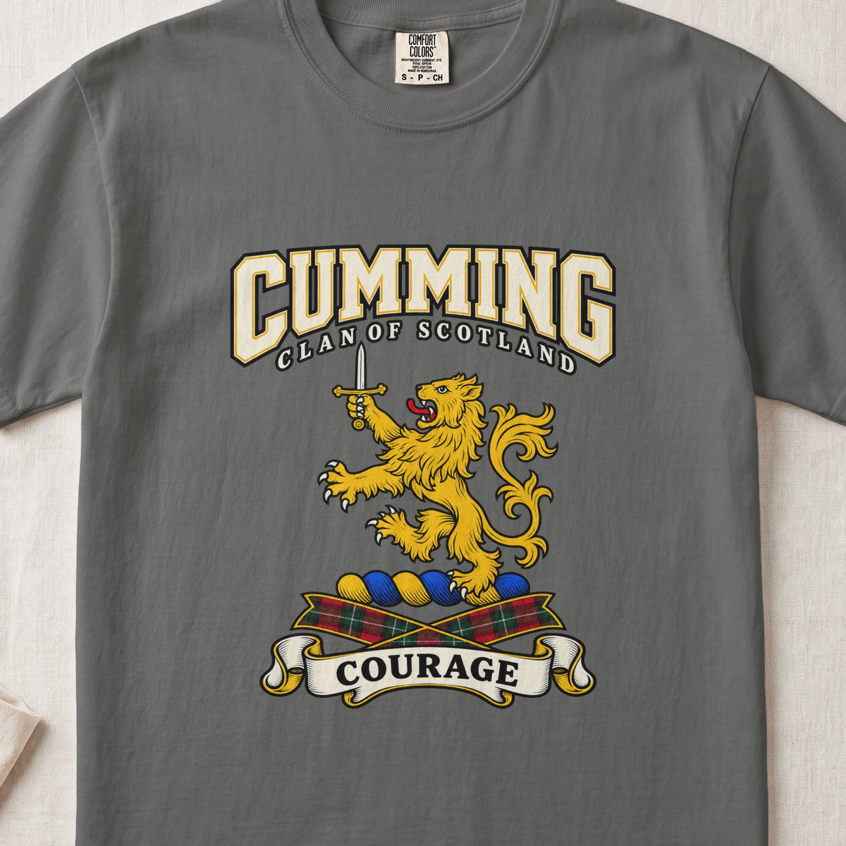 Cumming Scottish clan graphic T-shirt in Pepper, front view