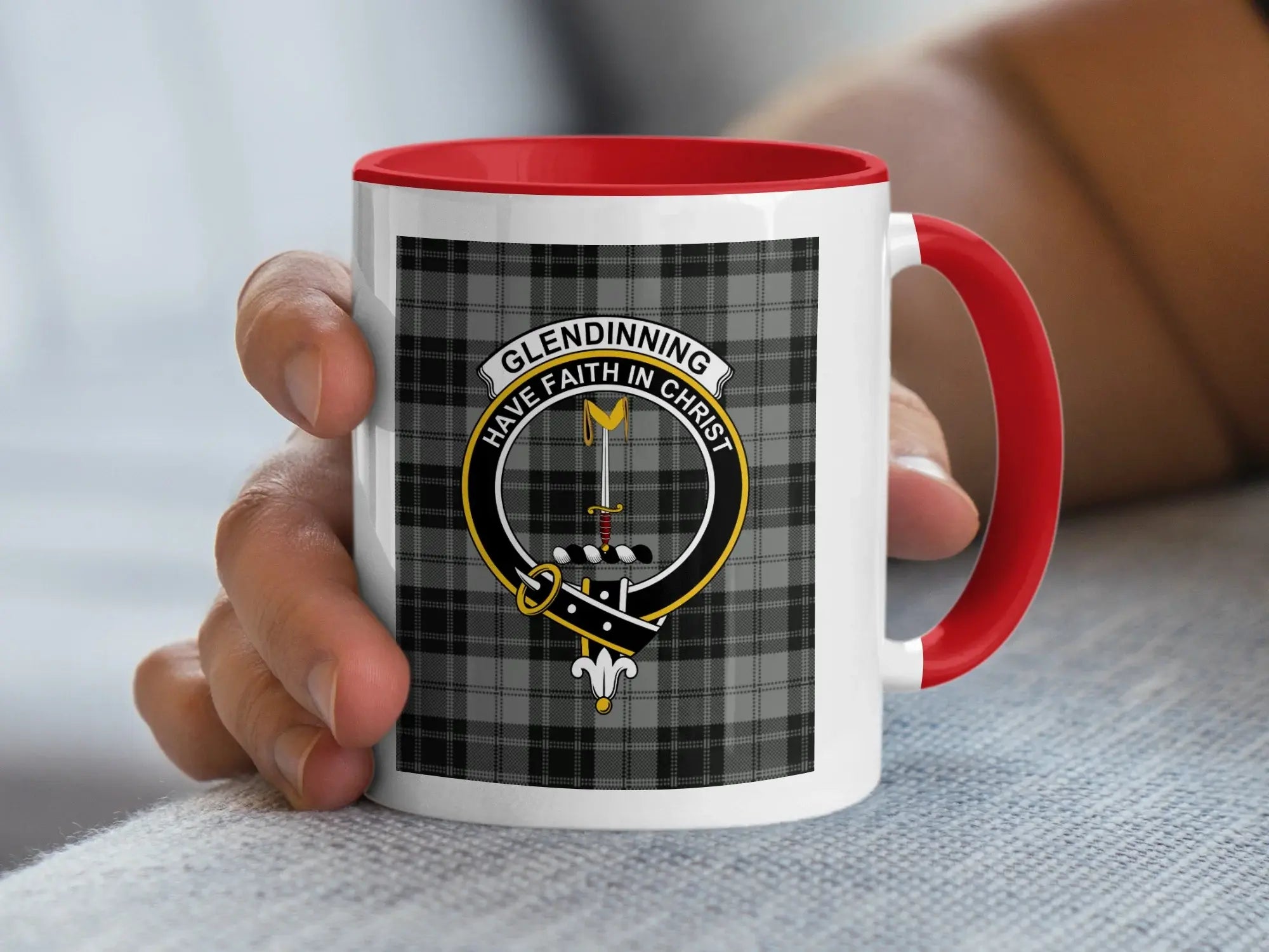 Glendinning tartan crest mug — 15oz accent mug with black handle and interior shown from side