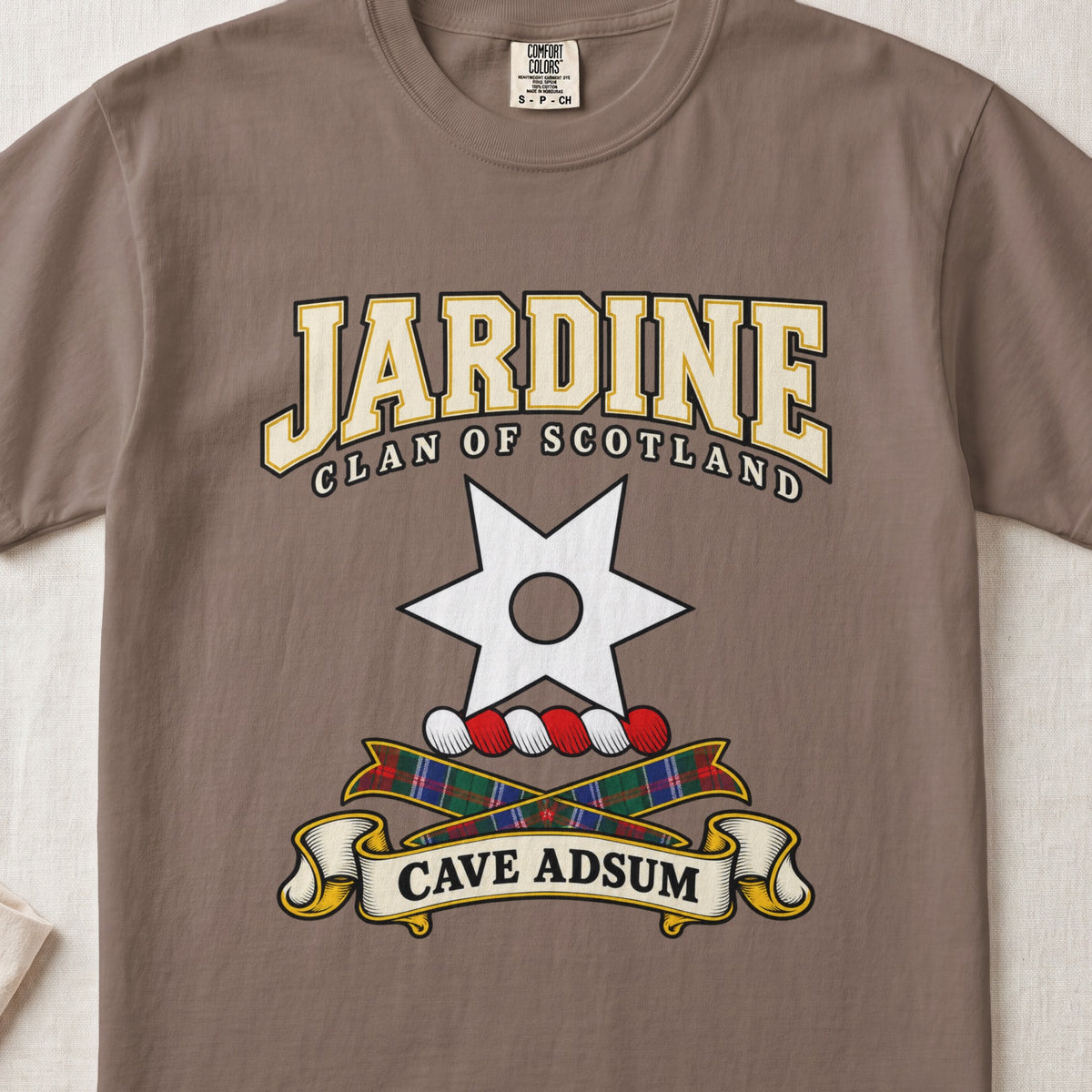 Jardine Scottish clan graphic T-shirt in Espresso, front view