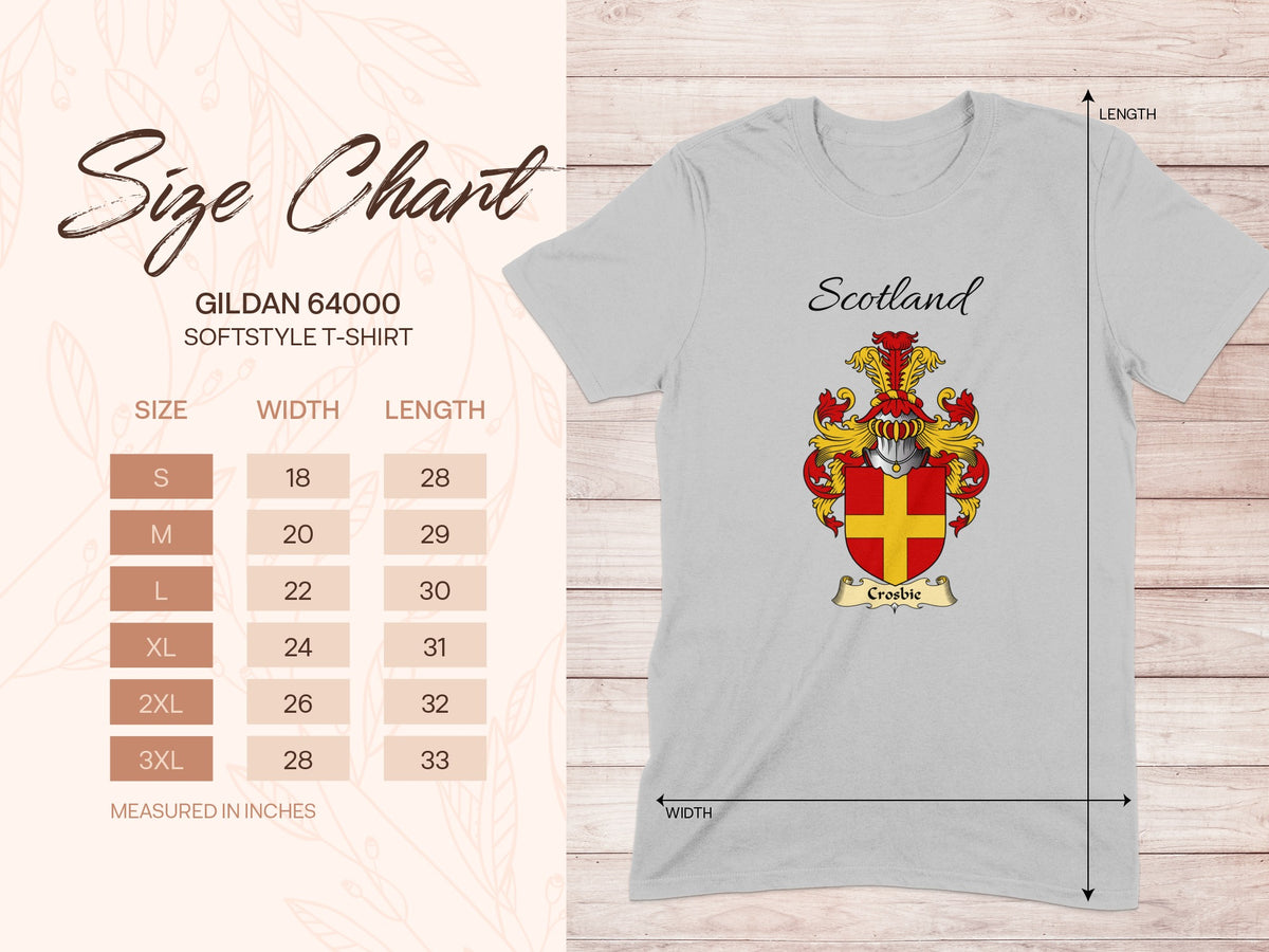 Gildan 64000 size chart for the Crosbie unisex T-shirt, sizes S to 3XL