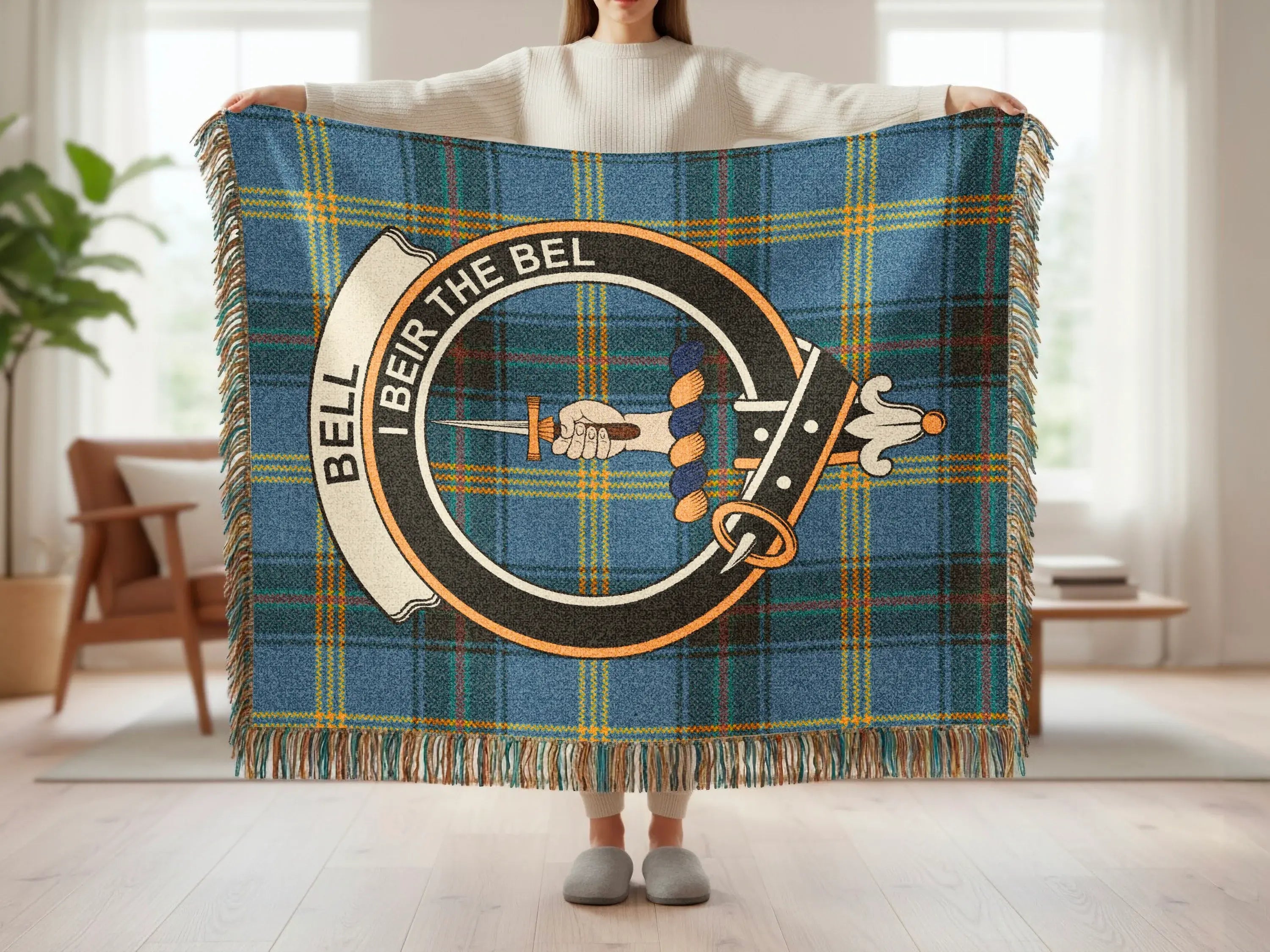 Bell I Beir the Bel tartan woven blanket draped — 100% cotton, clan crest woven through fabric