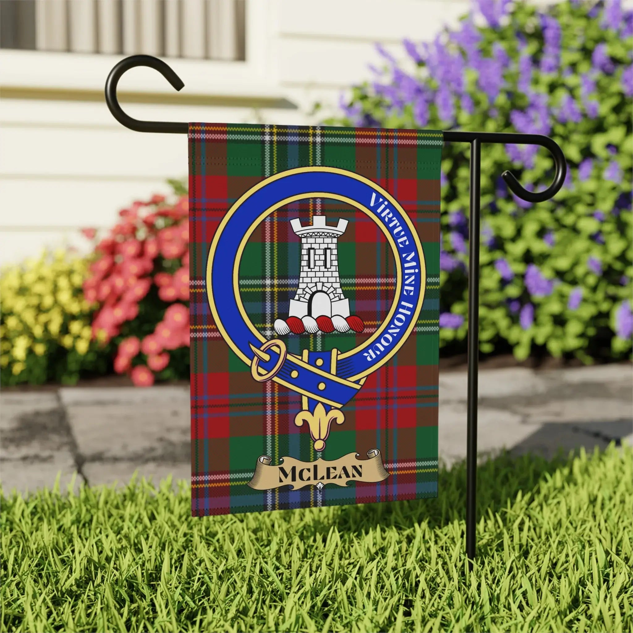 McLean tartan flag with clan crest and motto "Virtue Mine Honour".