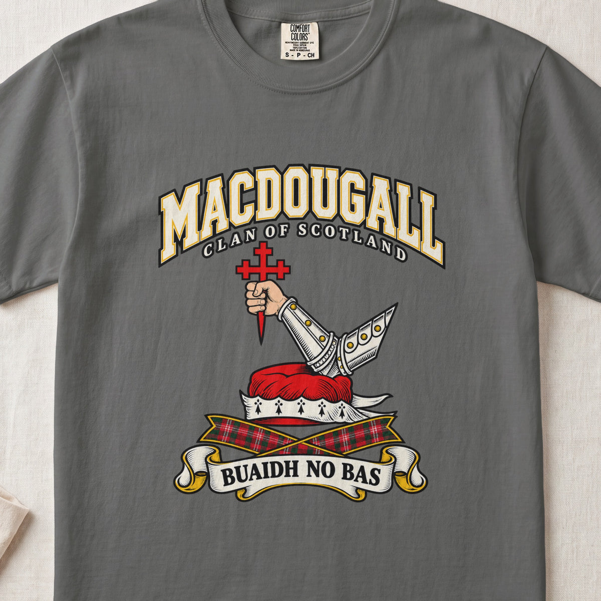 MacDougall graphic T-shirt in Pepper gray, front flat lay showing varsity lettering and bent arm in silver armour holding a pointed red cross.