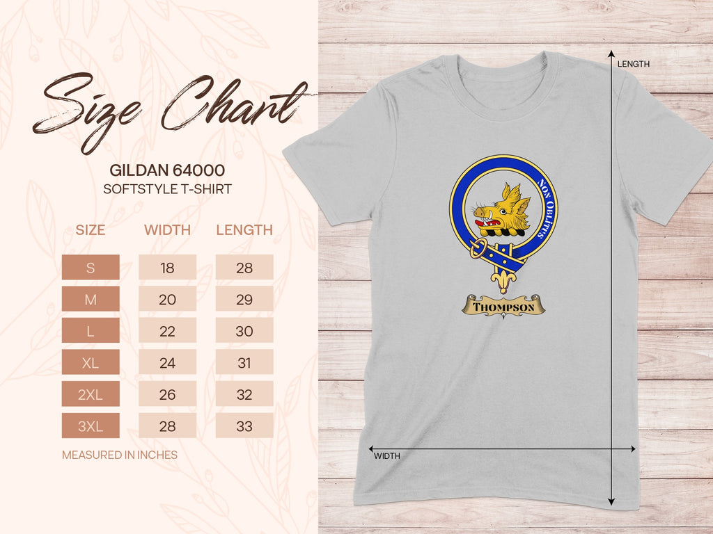 Gildan 64000 size chart for Thompson Scottish clan crest T-shirt