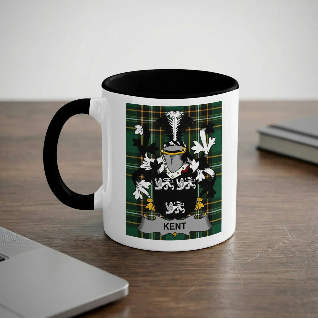 White mug with black rim and handle, displaying a coat of arms with the name "KENT".