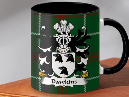 Dawkins Welsh Surname Coat of Arms on Tartan Background Mug - Living Stone Gifts