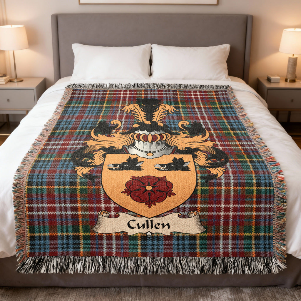 Cullen Caledonia tartan heritage woven throw blanket with family shield