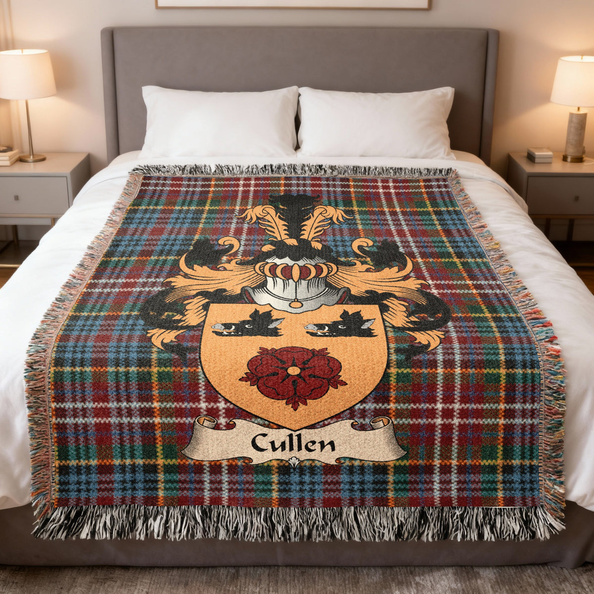 Cullen Caledonia tartan heritage woven throw blanket with family shield