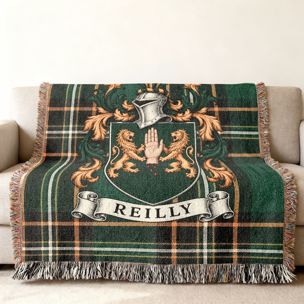 Reilly family crest on Irish National Tartan woven blanket, detailed heritage design