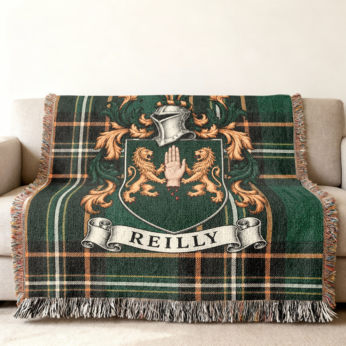 Reilly family crest on Irish National Tartan woven blanket, detailed heritage design
