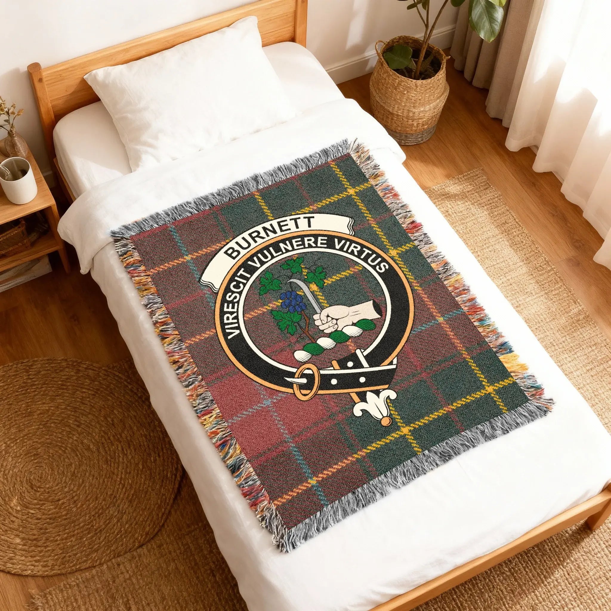 Burnett virescit vulnere virtus tartan woven blanket — full view