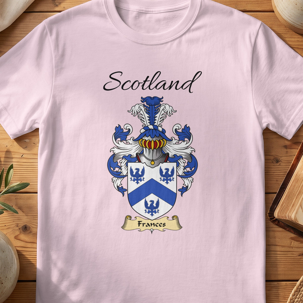 Light Pink Frances Scottish family shield T-shirt featuring blue birds around a blue chevron