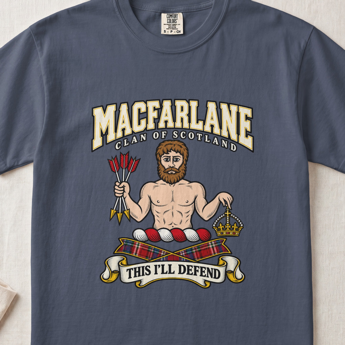 MacFarlane graphic T-shirt in Midnight blue, front flat lay showing varsity lettering and bearded bare-chested man holding a bundle of arrows and a crown.