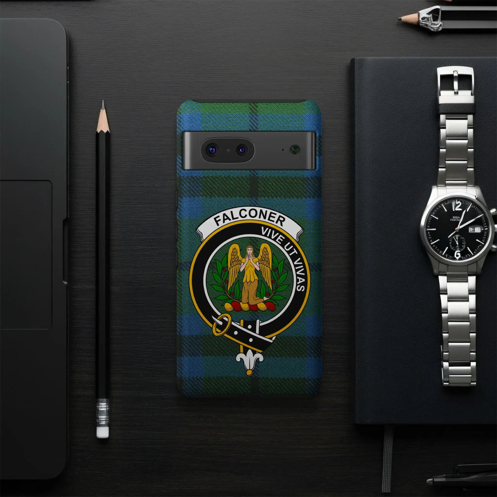 Falconer clan crest phone case — precise port cutouts, wrap print, Google Pixel model