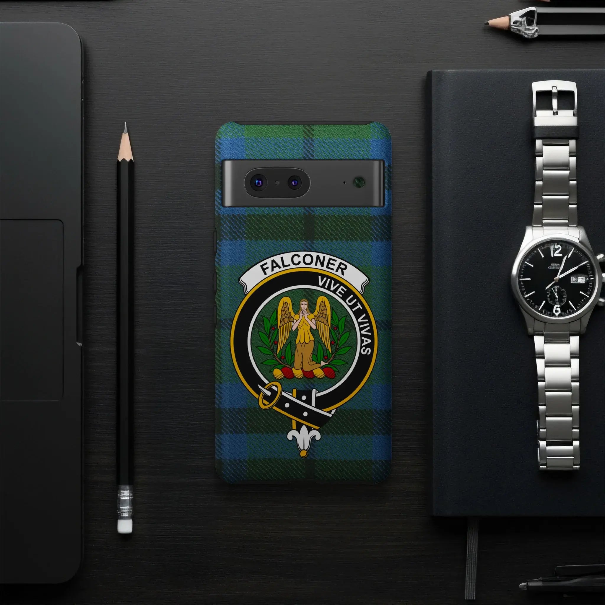 Falconer clan crest phone case — precise port cutouts, wrap print, Google Pixel model