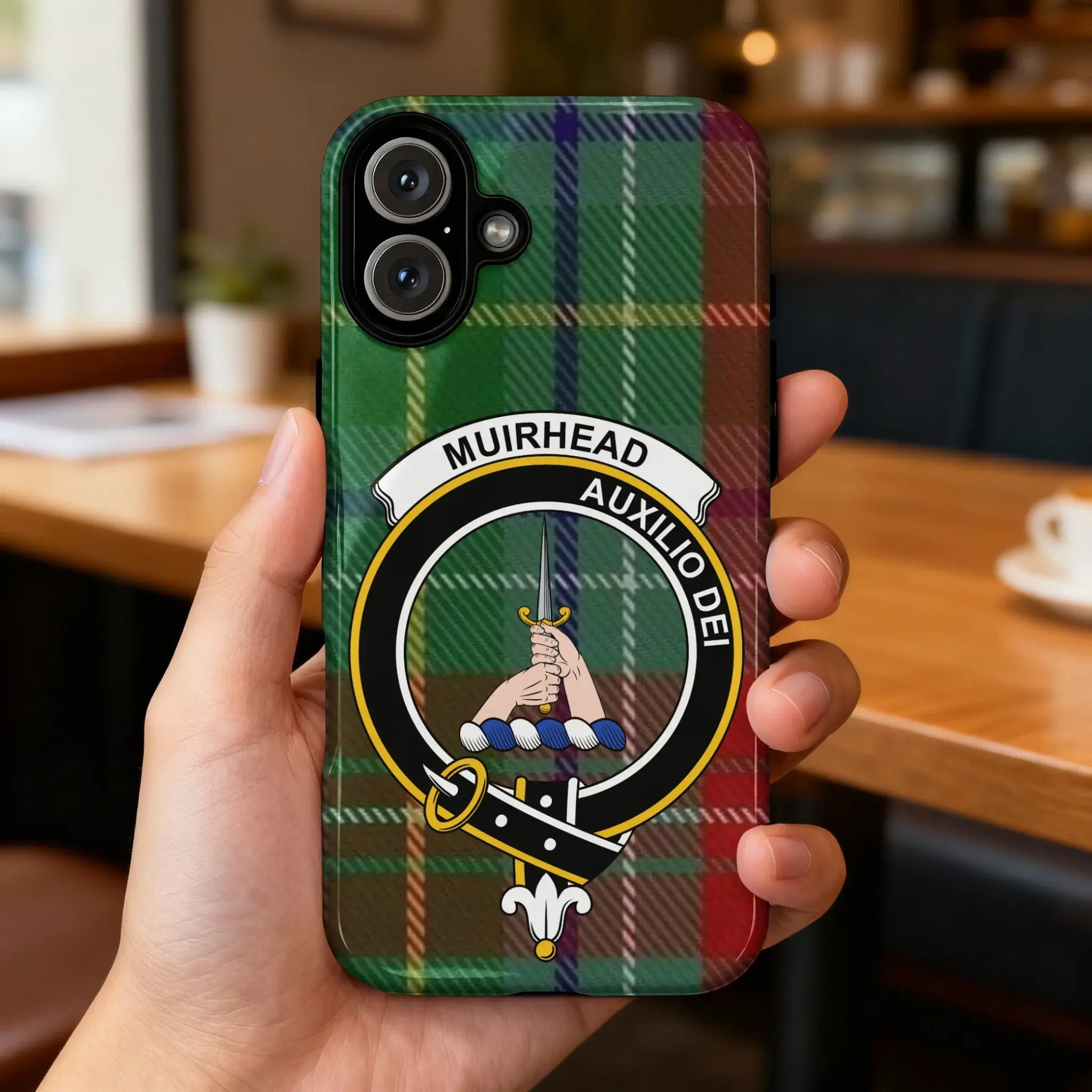 Muirhead Auxilio Dei clan crest phone case — glossy impact-resistant tartan cover