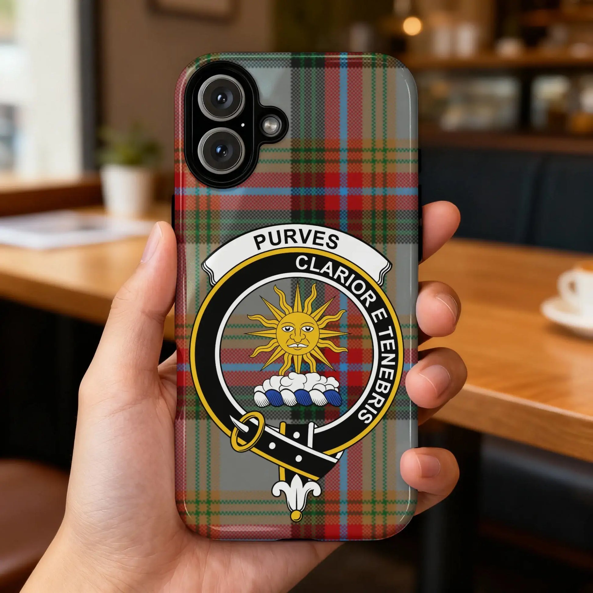 Purves Clan Tartan Phone Case with Crest Design