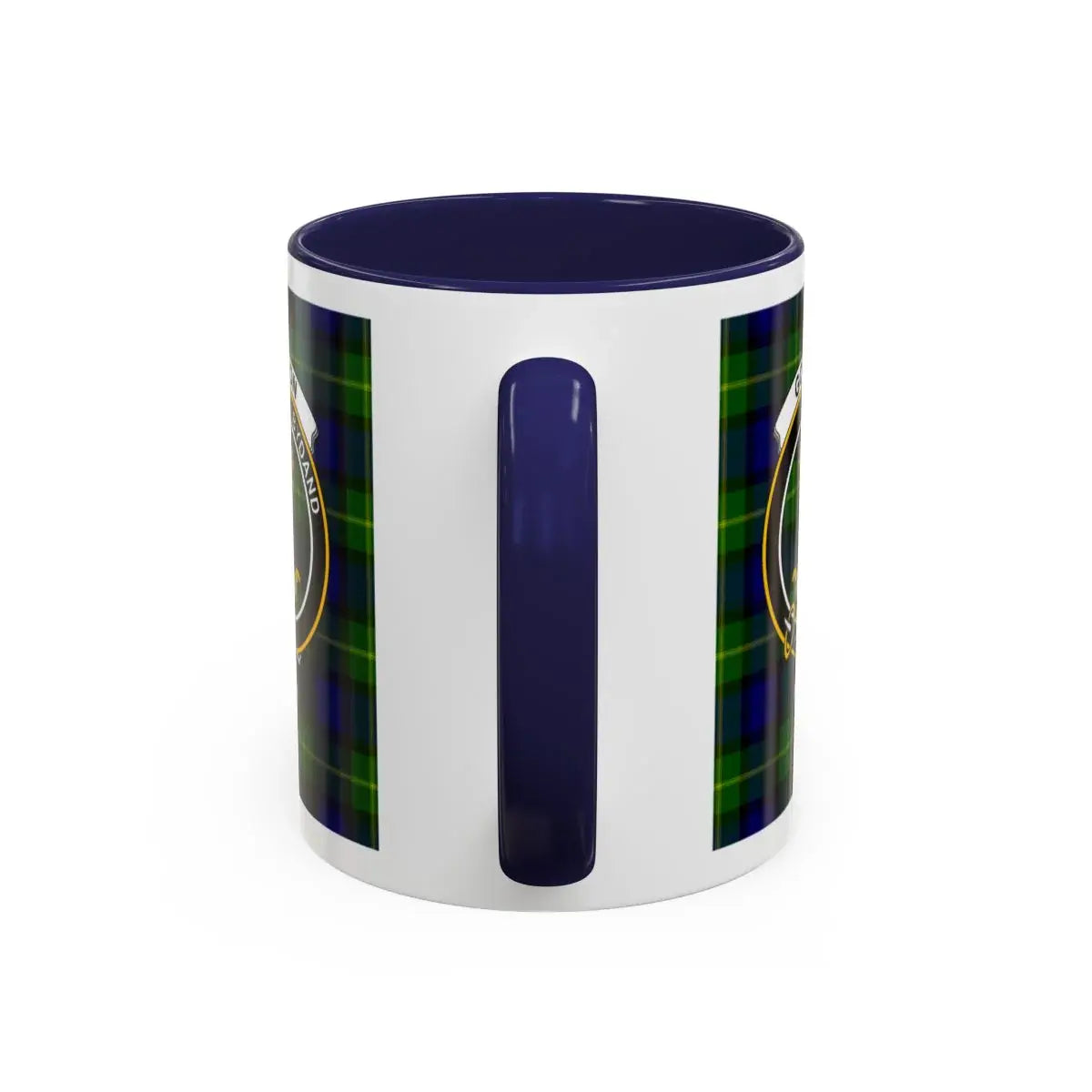 Clan Gordon tartan coffee mug with Gordon crest and blue-green Highland plaid design