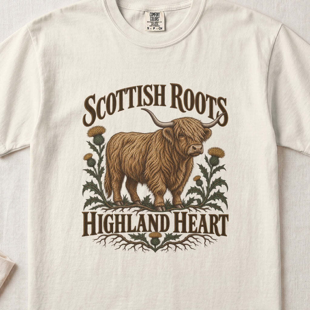 Scottish Roots, Highland Heart Highland cow design on an Ivory Comfort Colors 1717 T-shirt, flat lay