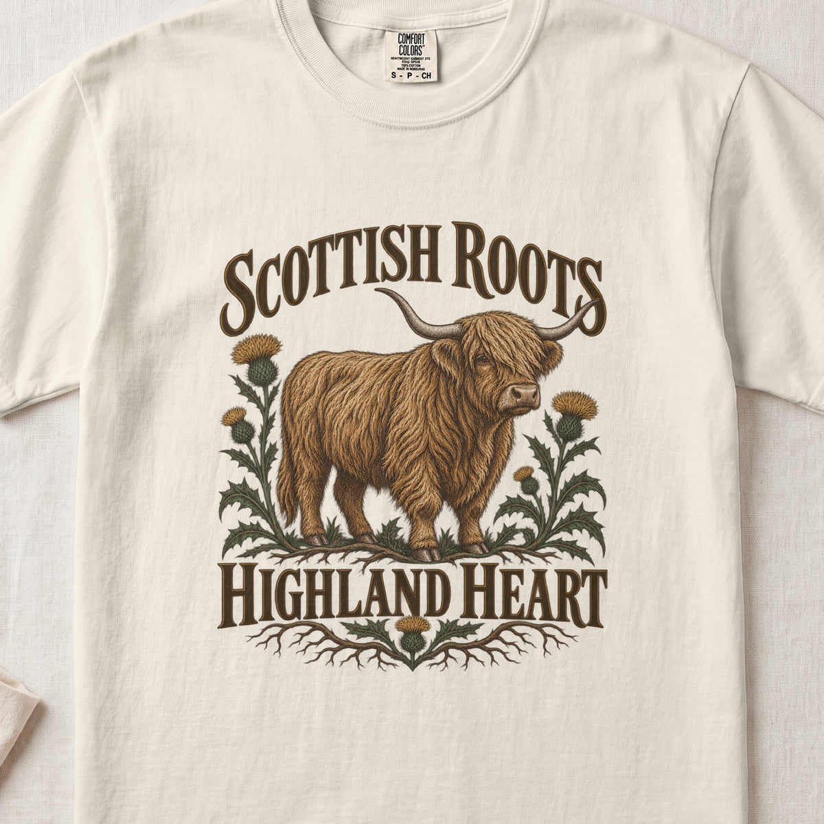 Scottish Roots, Highland Heart Highland cow design on an Ivory Comfort Colors 1717 T-shirt, flat lay