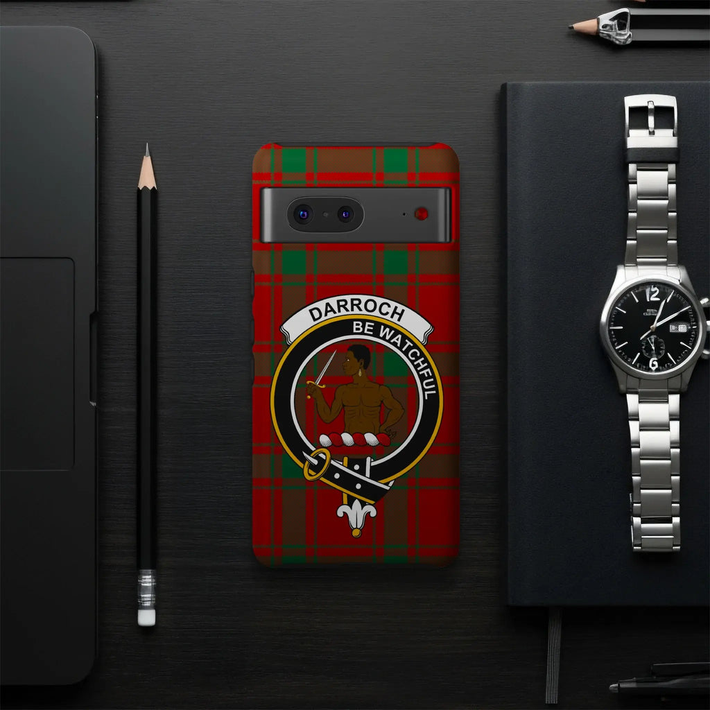 Darroch clan crest phone case — precise port cutouts, wrap print, Google Pixel model