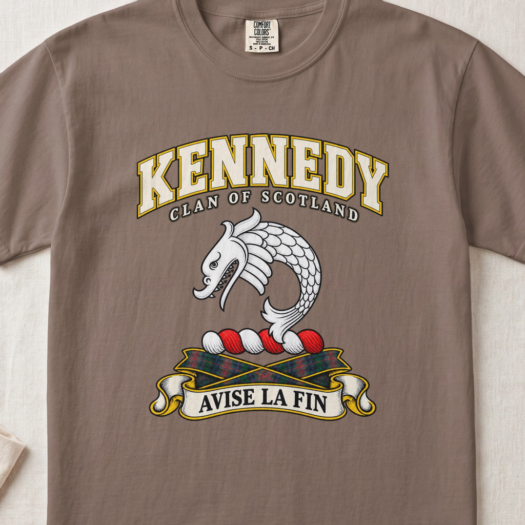 Kennedy Scottish clan T-shirt in Espresso, front view with a curved silver fish motif and motto banner.