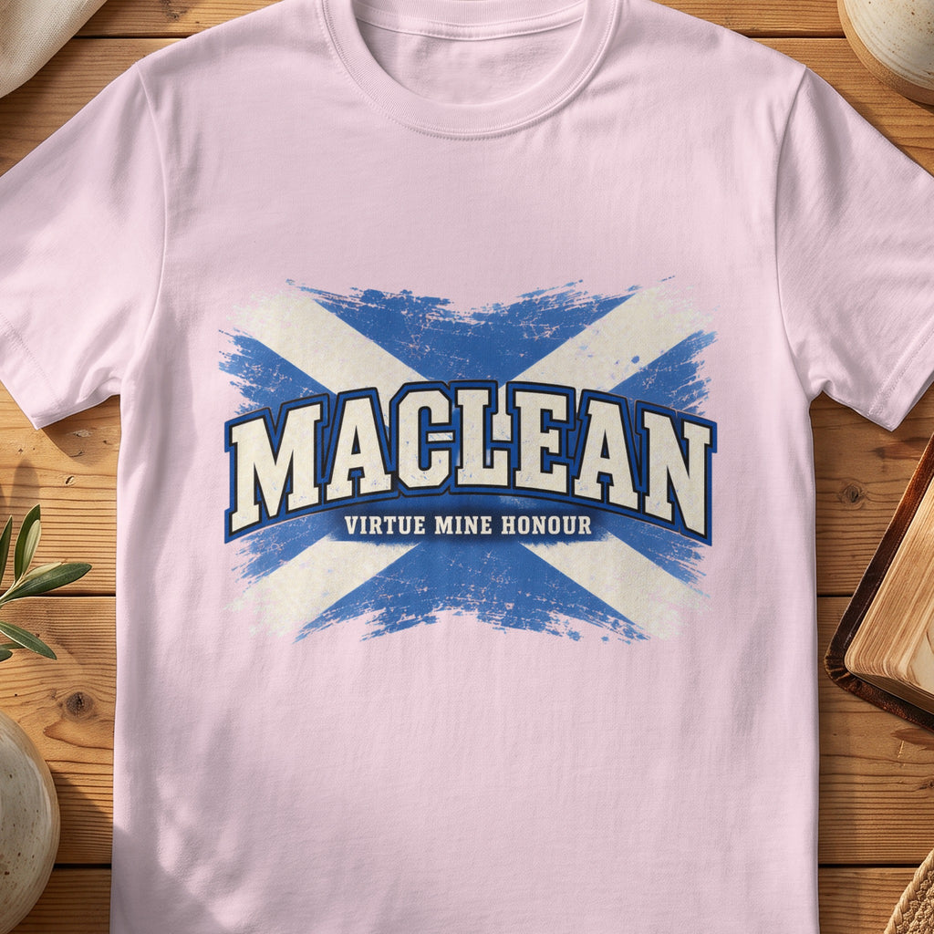 MacLean Scottish Saltire T-shirt in Light Pink, with distressed blue and cream flag and “Virtue Mine Honour” lettering.