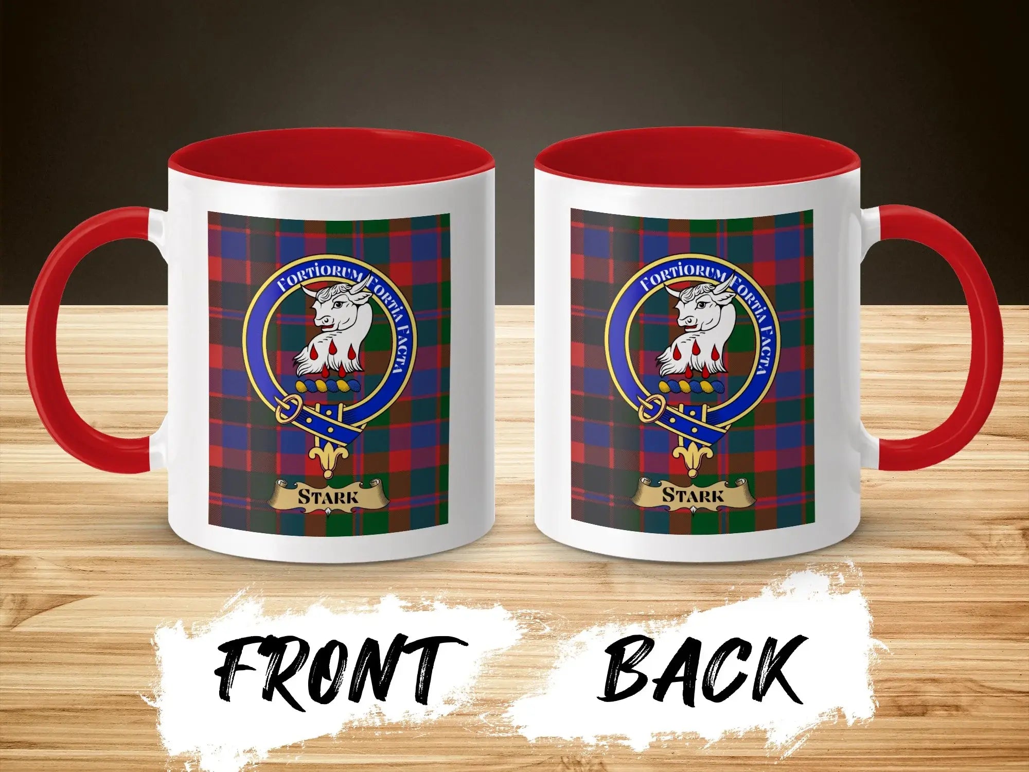 Stark tartan-background crest mug shown as a Scottish heritage gift