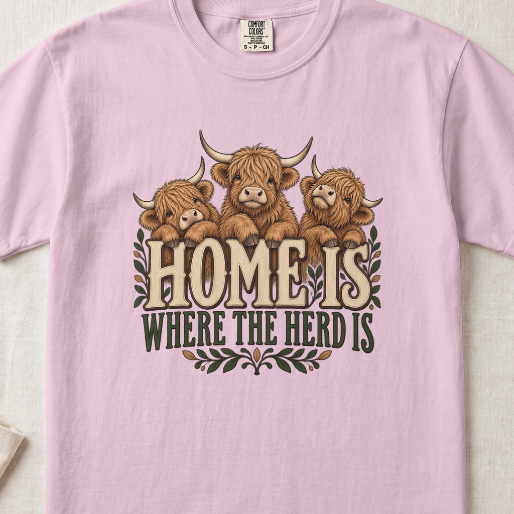 Home Is Where the Herd Is Highland cow design on a Blossom Comfort Colors 1717 T-shirt, flat lay