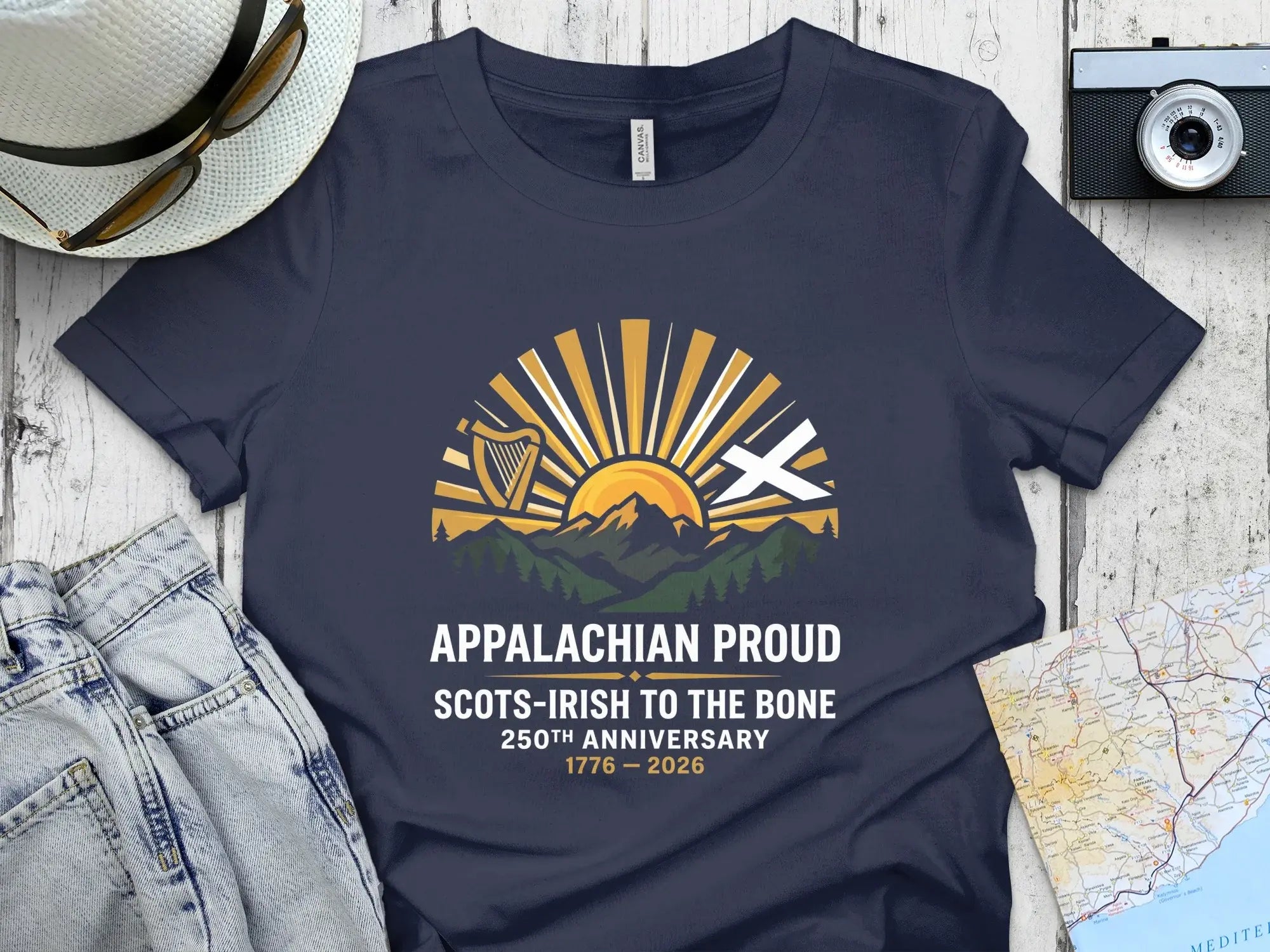 Navy t-shirt with "Appalachian Proud Scots-Irish to the Bone 250th Anniversary" text and mountain graphic.