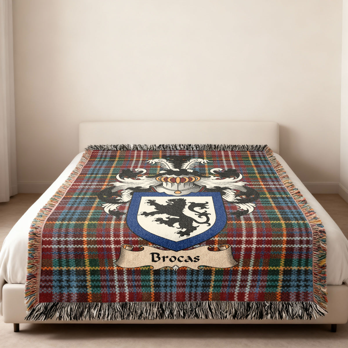 Brocas Caledonia tartan heritage woven throw blanket with family shield