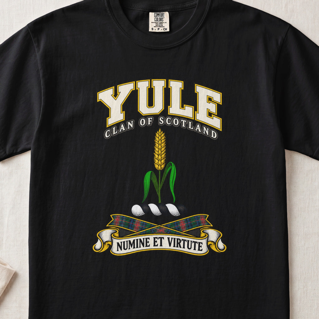 Yule Scottish clan T-shirt in Black, front view with a golden ear of grain with green leaves and motto design.