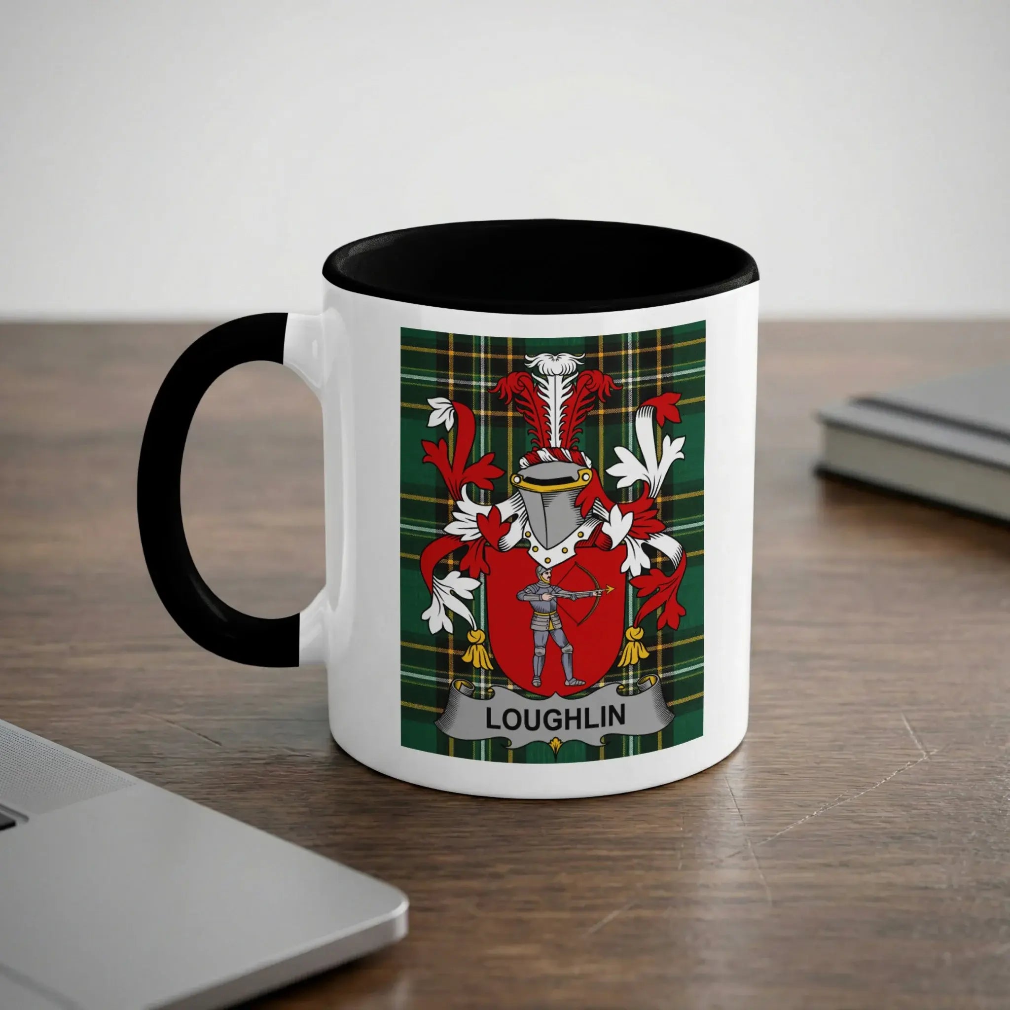 Loughlin Irish heritage mug with black handle and family crest