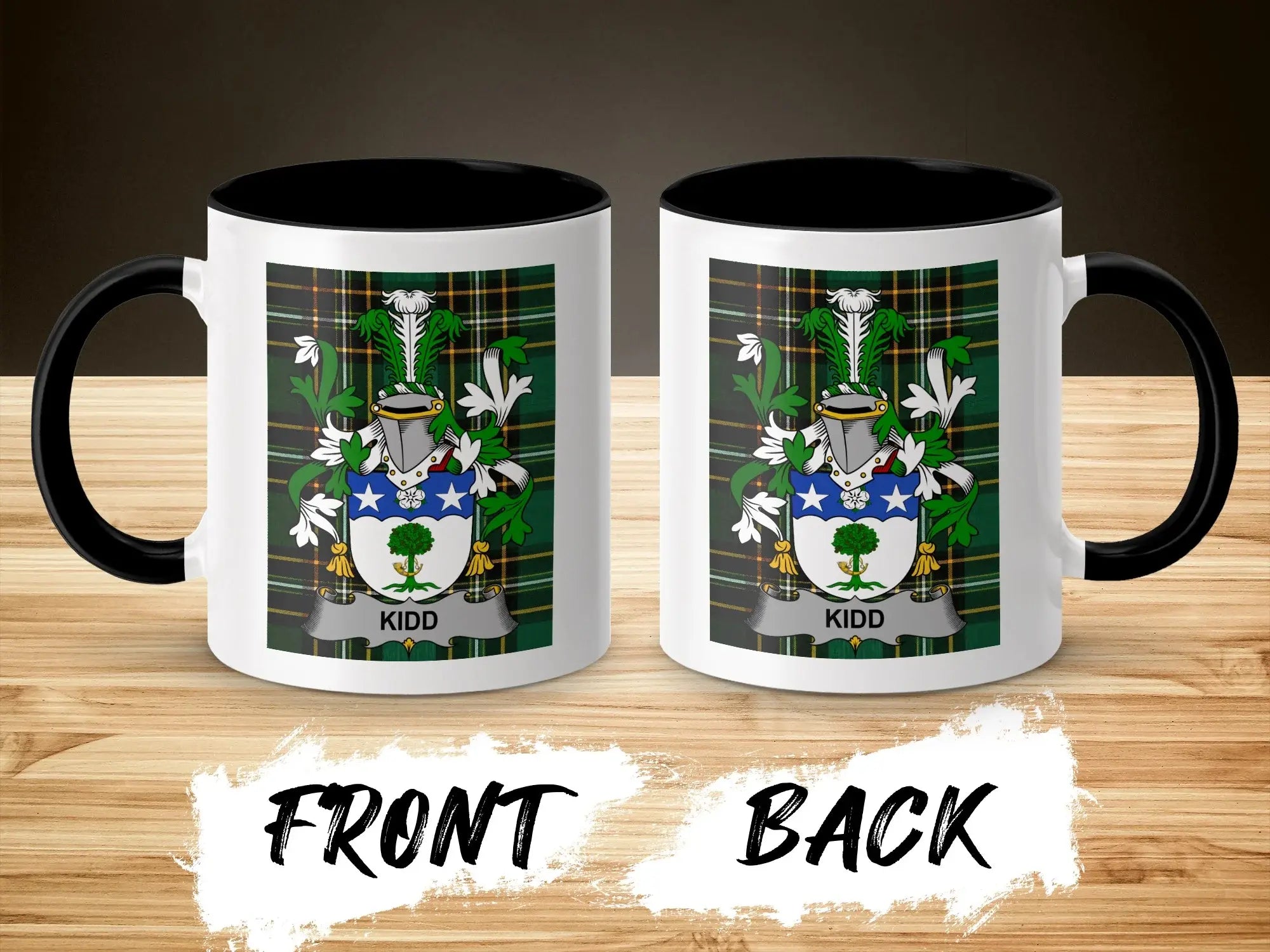 White mug with black rim, featuring a coat of arms with the name "Kidd".