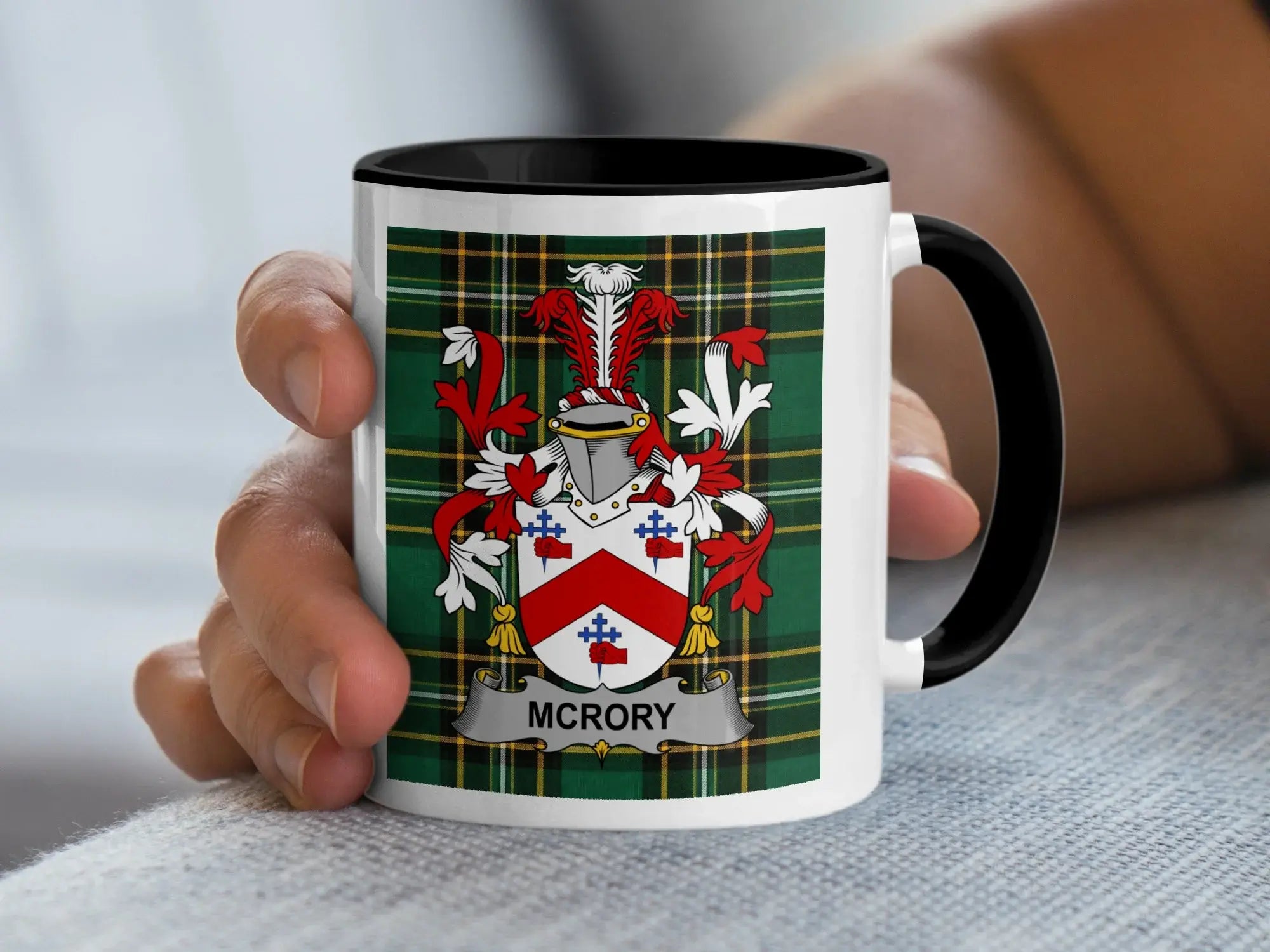 McRory Irish family crest black accent mug