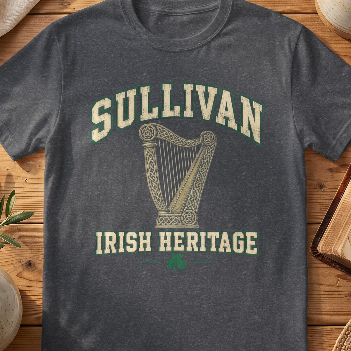 Sullivan Irish Heritage dark heather gray Gildan 64000 T-shirt with Celtic harp design
