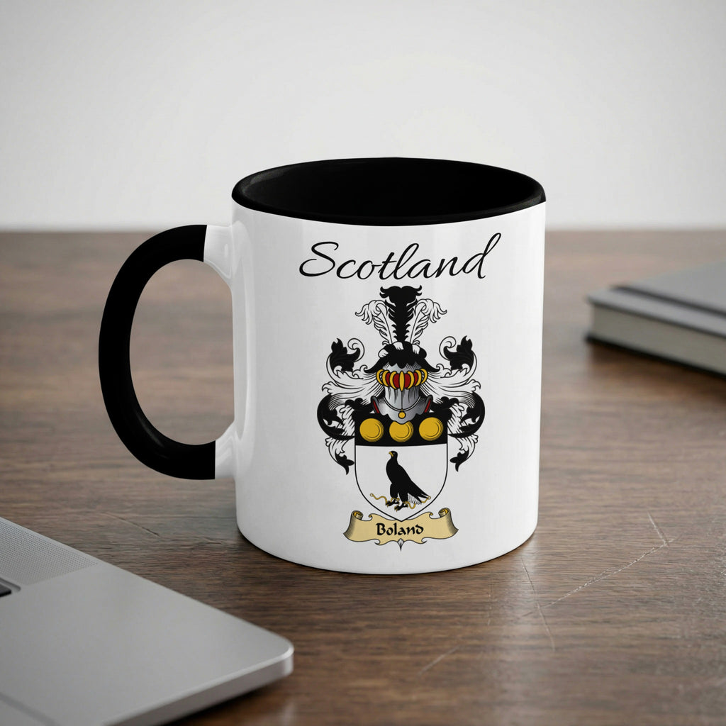 Boland Scottish family crest accent mug with Scotland lettering and coat of arms artwork