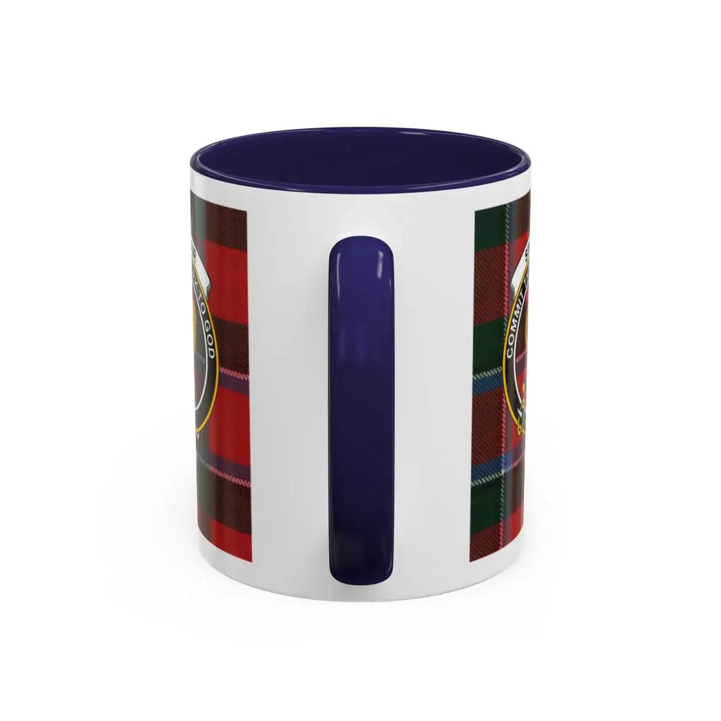 Clan Sinclair Scottish tartan mug — close-up of rooster crest and red handle detail