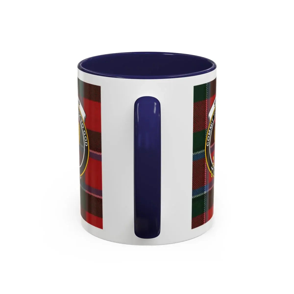 Clan Sinclair Scottish tartan mug — close-up of rooster crest and red handle detail