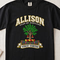 Allison Scottish clan T-shirt in Black, front view with a green tree with two hanging bells and motto banner.