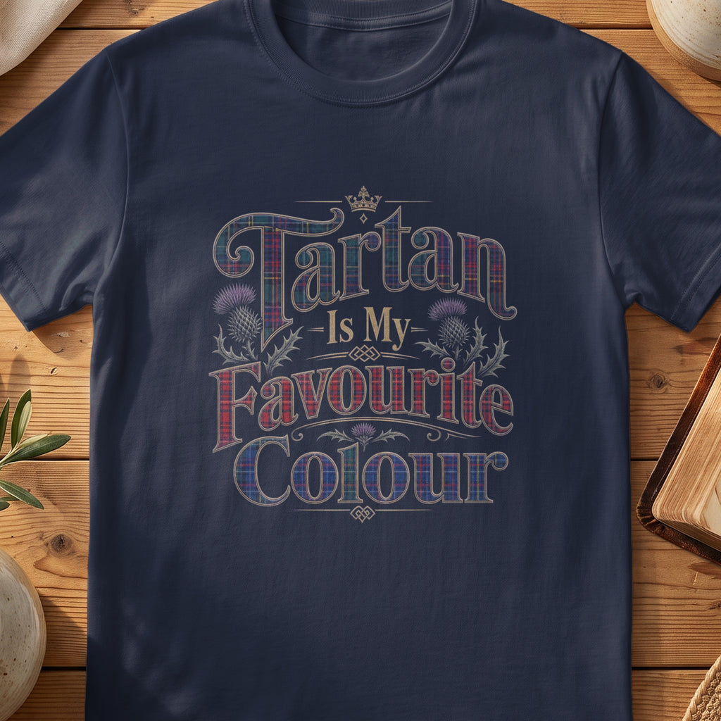 Navy Gildan 64000 unisex T-shirt flatlay with Tartan Is My Favourite Colour Scottish graphic design