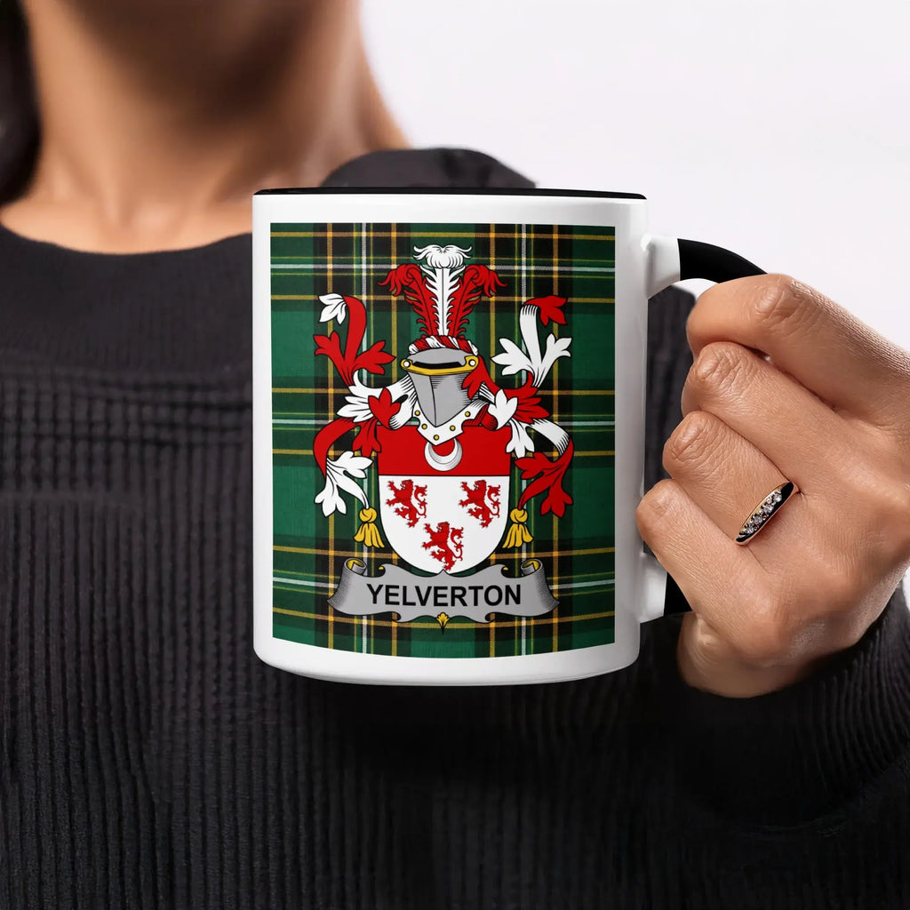 Mug with a green tartan pattern and a coat of arms with "YELVERTON" banner.