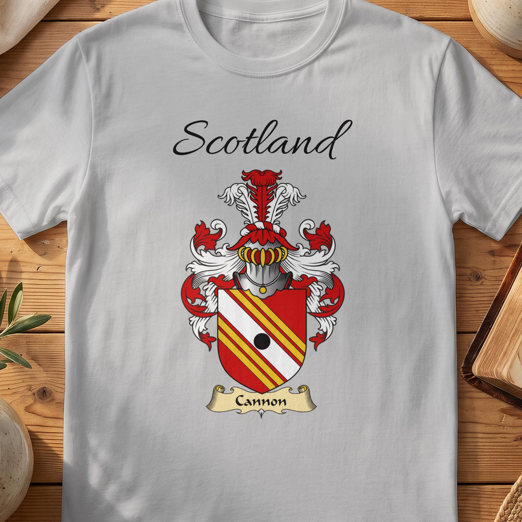 Sport Grey Cannon Scottish family shield T-shirt featuring red-and-gold diagonal stripes with a black roundel