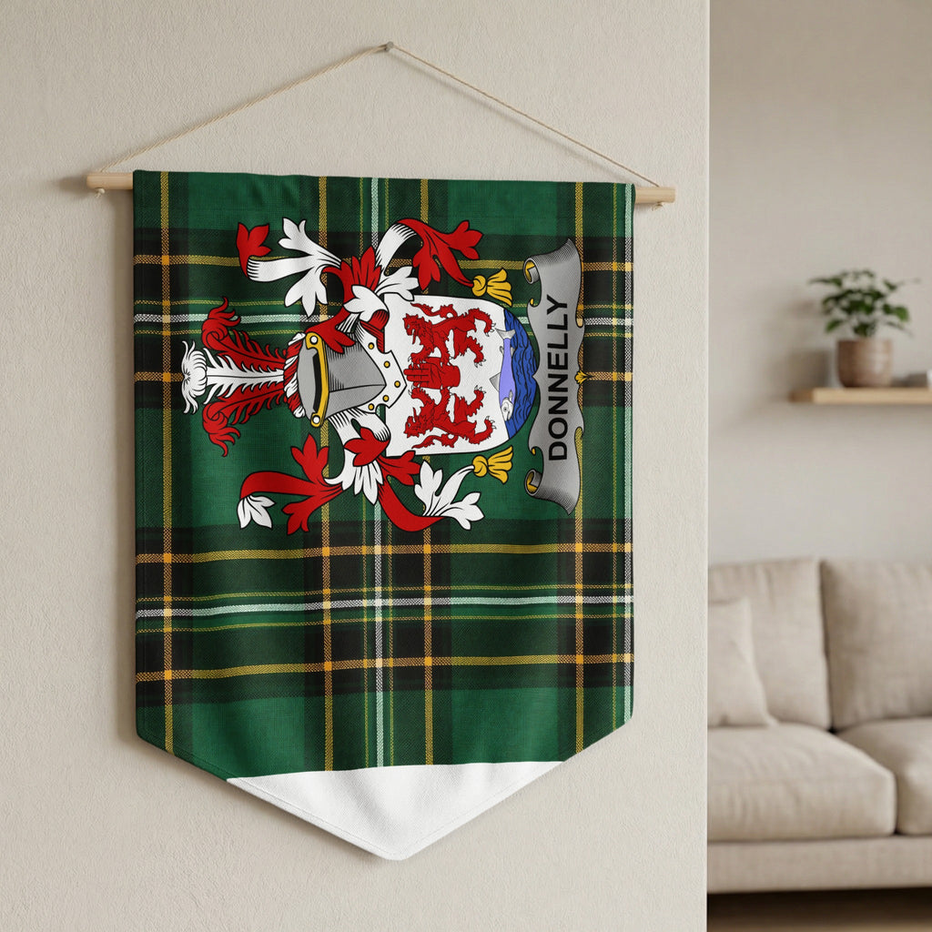 Green tartan banner with Donnelly family crest and name.