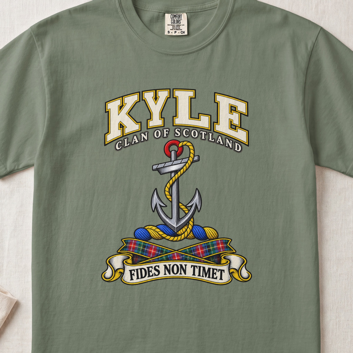 Kyle Scottish clan T-shirt in Moss, front view with an anchor with a coiled rope and motto design.