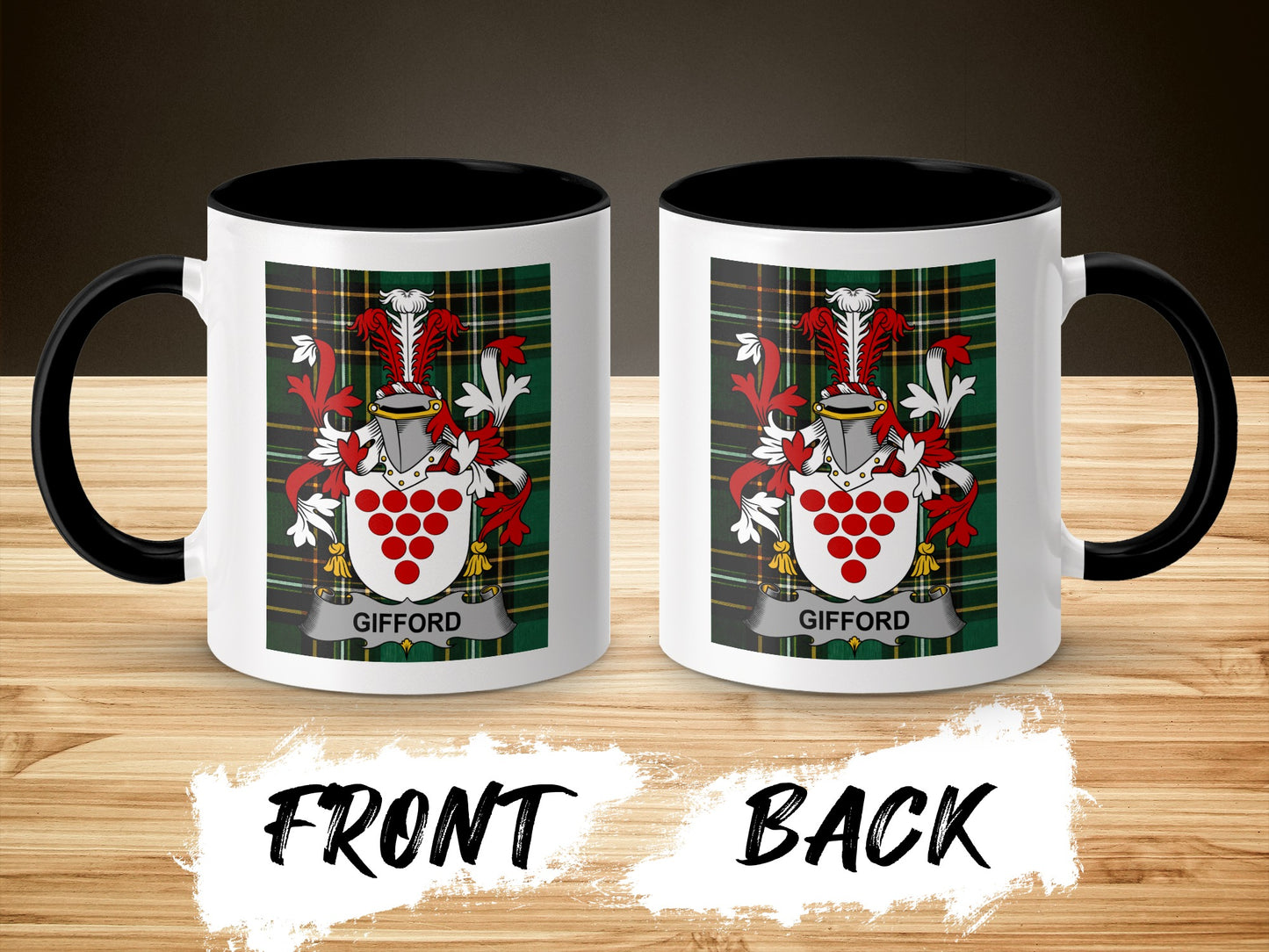 White mug with black interior, displaying the Gifford family crest on front and back.
