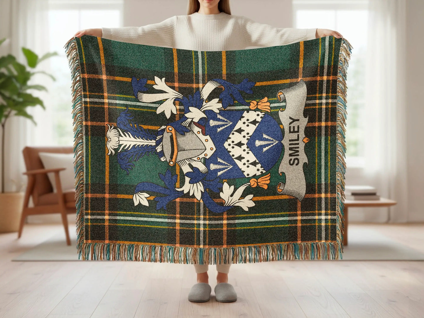 Tartan blanket with a blue, white, and green crest and "Smiley" text.