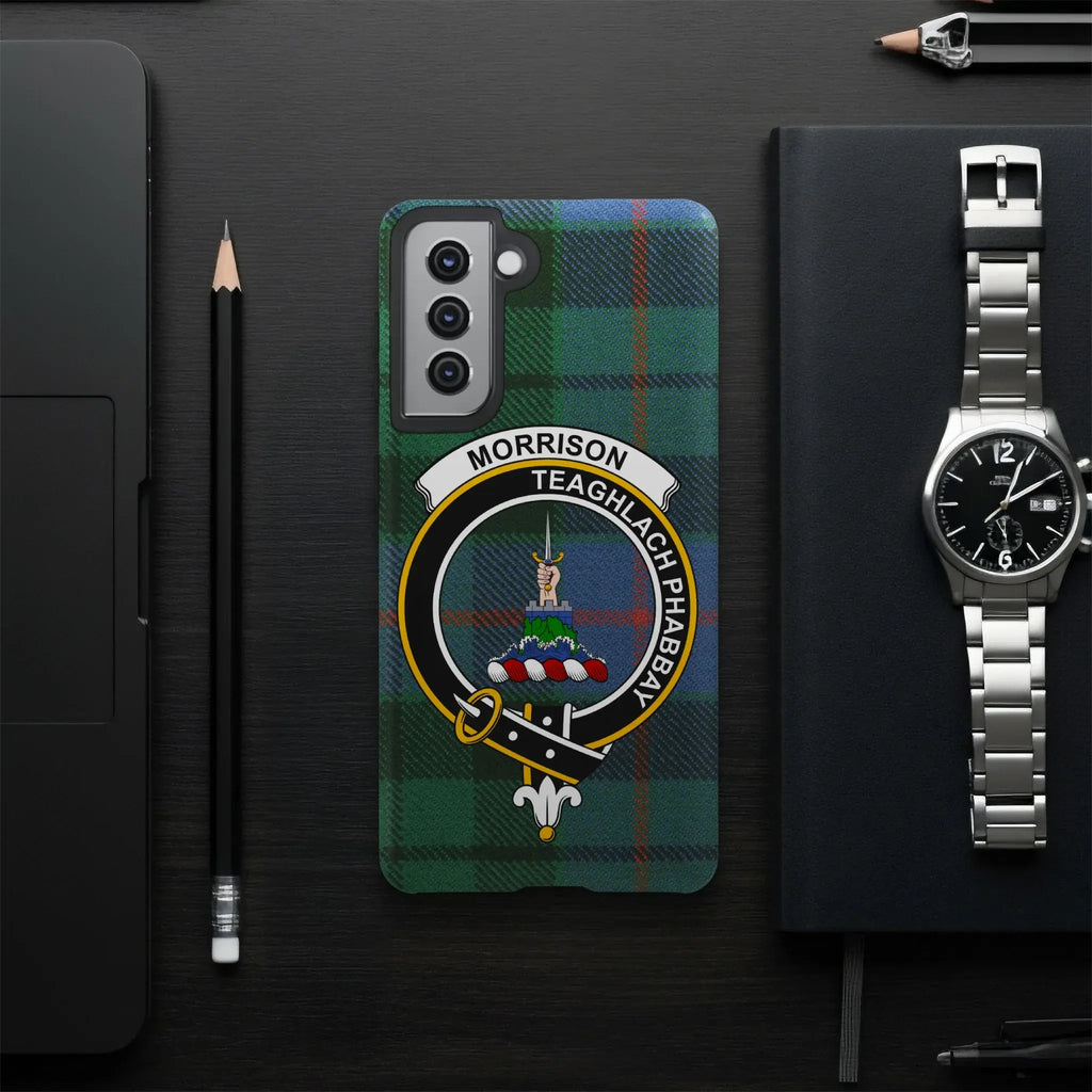 Morrison clan crest tartan phone cover shown on smartphone — Teaghlach Phabbay design